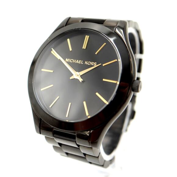 Michael Kors Slim Runway Watch 42mm Black Gold Tone 6" Bracelet w New Battery - Picture 1 of 13